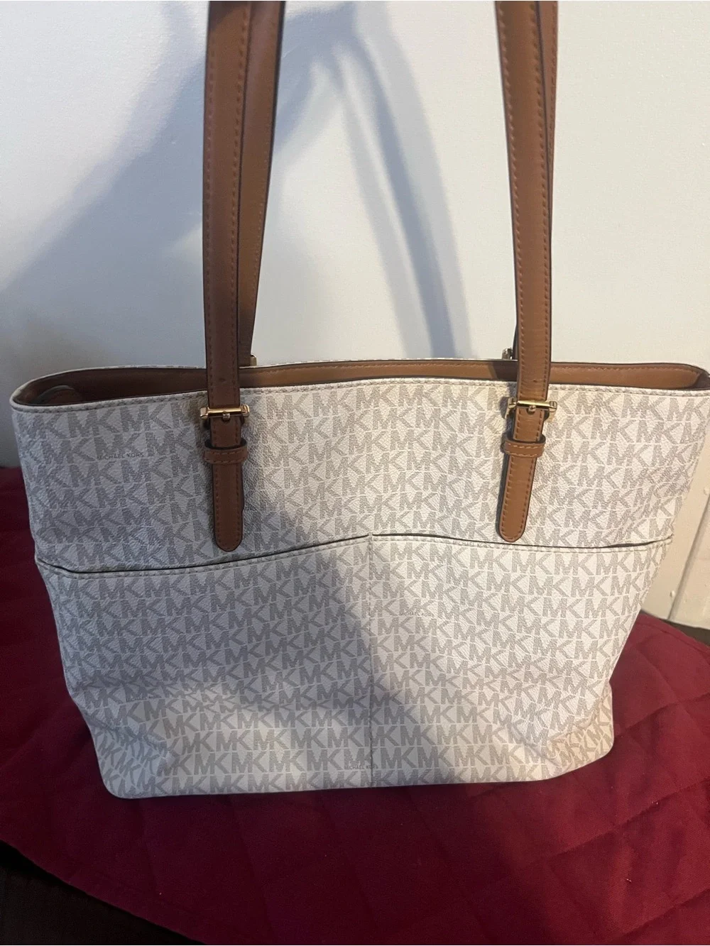 Michael Kors Cream Signature Tote with Tan Leather Trim